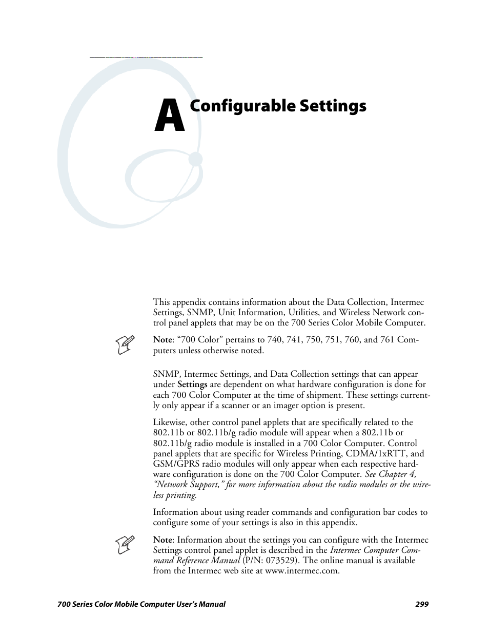Appendix a - configurable settings, Configurable settings | Intermec 700 User Manual | Page 323 / 452