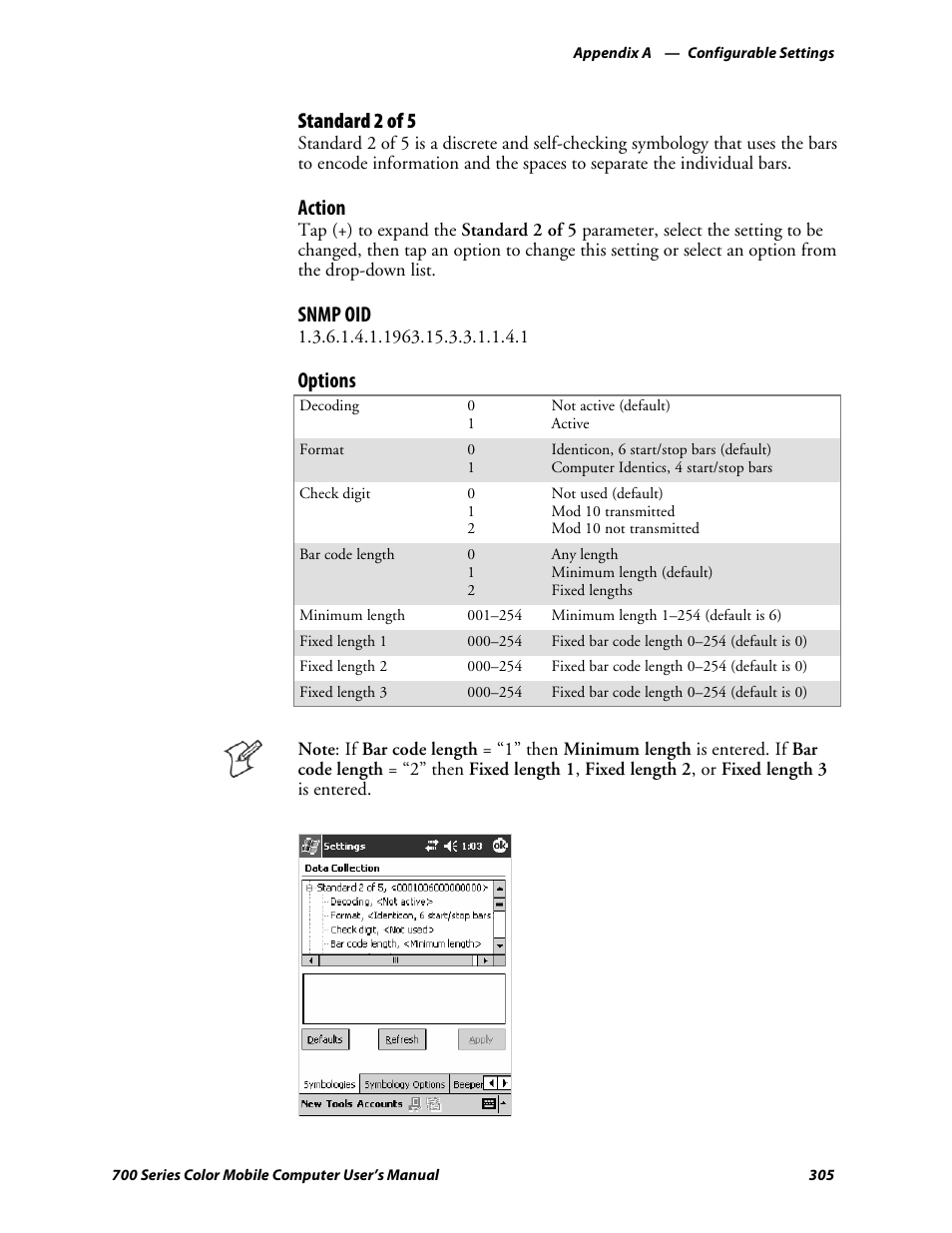 Standard 2 of 5, Action, Snmp oid | Options | Intermec 700 User Manual | Page 329 / 452