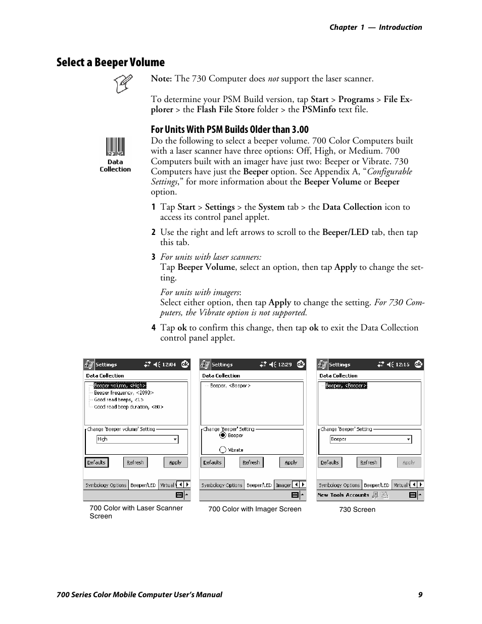 Select a beeper volume, For units with psm builds older than 3.00 | Intermec 700 User Manual | Page 33 / 452