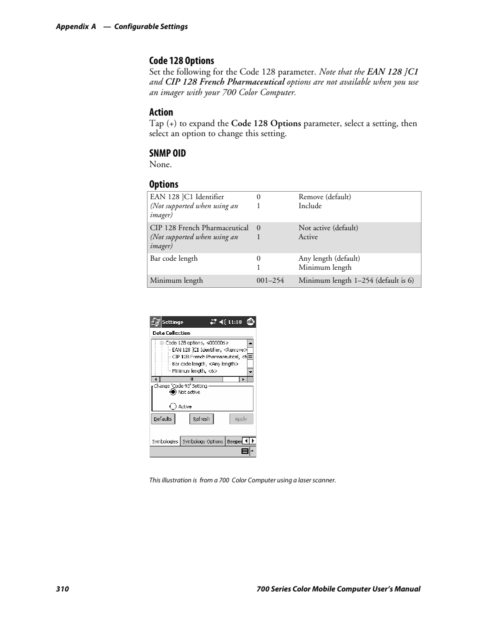 Code 128 options, Action, Snmp oid | Options | Intermec 700 User Manual | Page 334 / 452