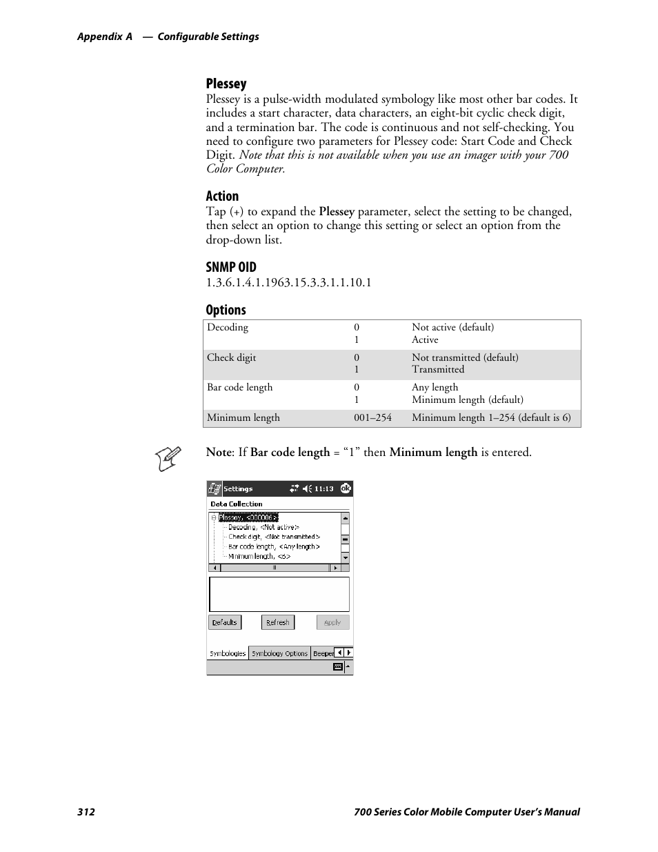 Plessey, Action, Snmp oid | Options | Intermec 700 User Manual | Page 336 / 452