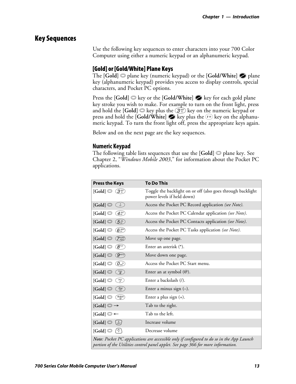 Key sequences, Gold] or [gold/white] plane keys, Numeric keypad | Intermec 700 User Manual | Page 37 / 452