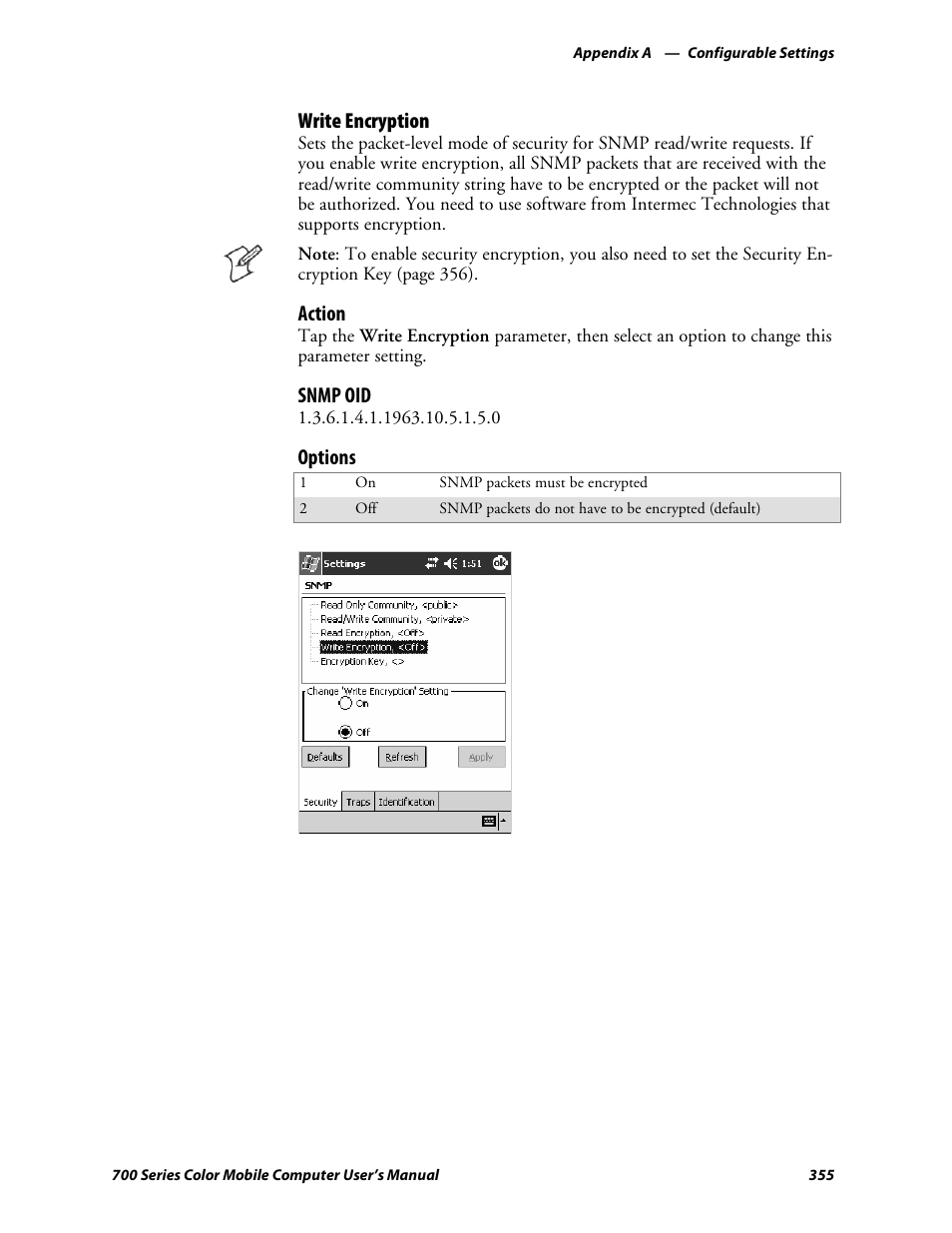 Write encryption, Action, Snmp oid | Options | Intermec 700 User Manual | Page 379 / 452