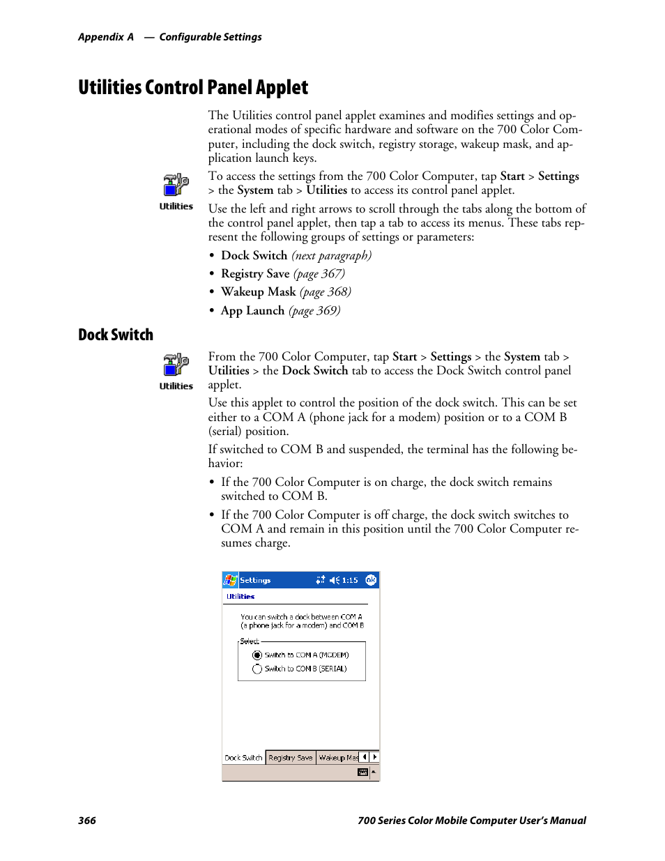 Utilities control panel applet, Dock switch | Intermec 700 User Manual | Page 390 / 452
