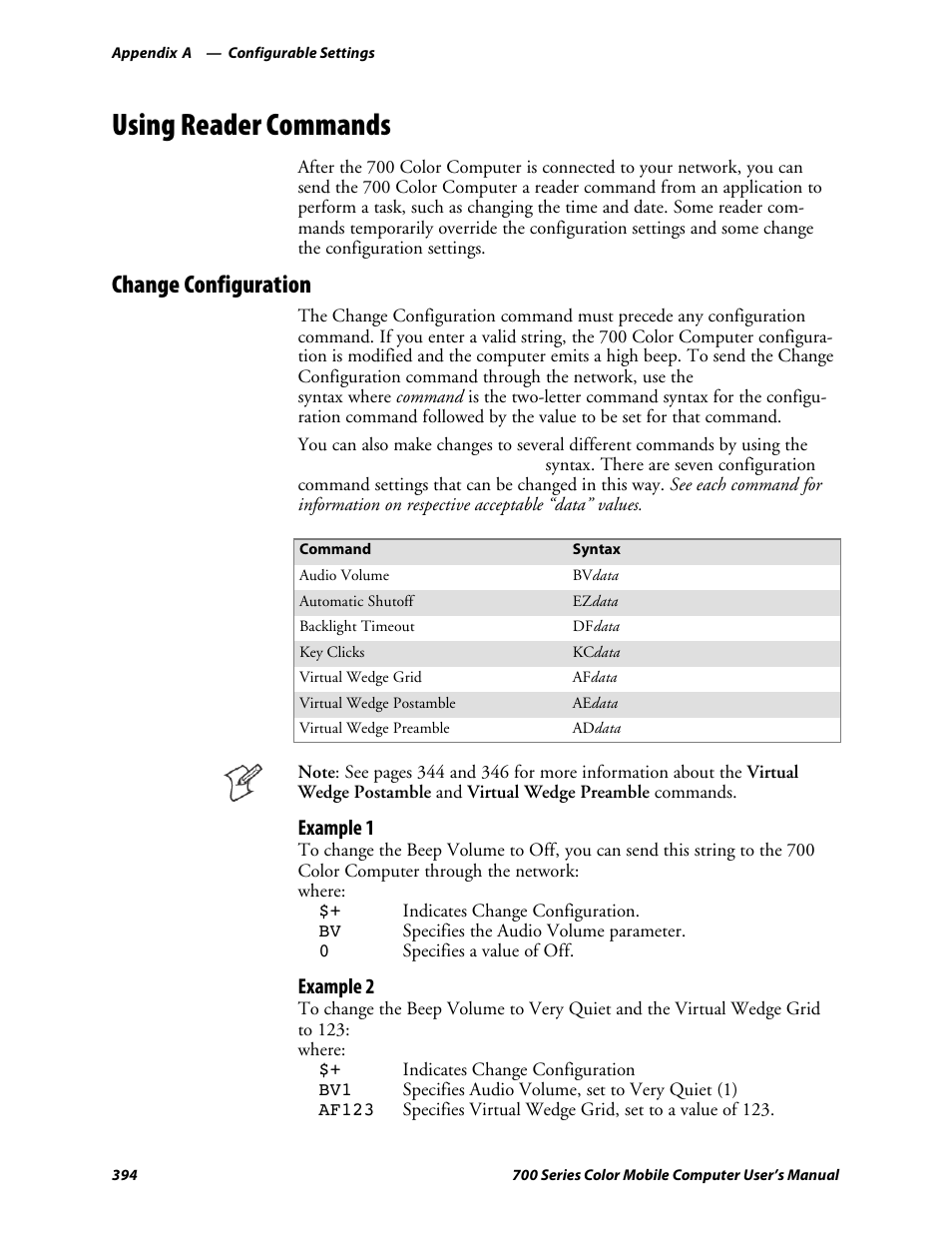 Using reader commands, Change configuration, Example 1 | Example 2 | Intermec 700 User Manual | Page 418 / 452