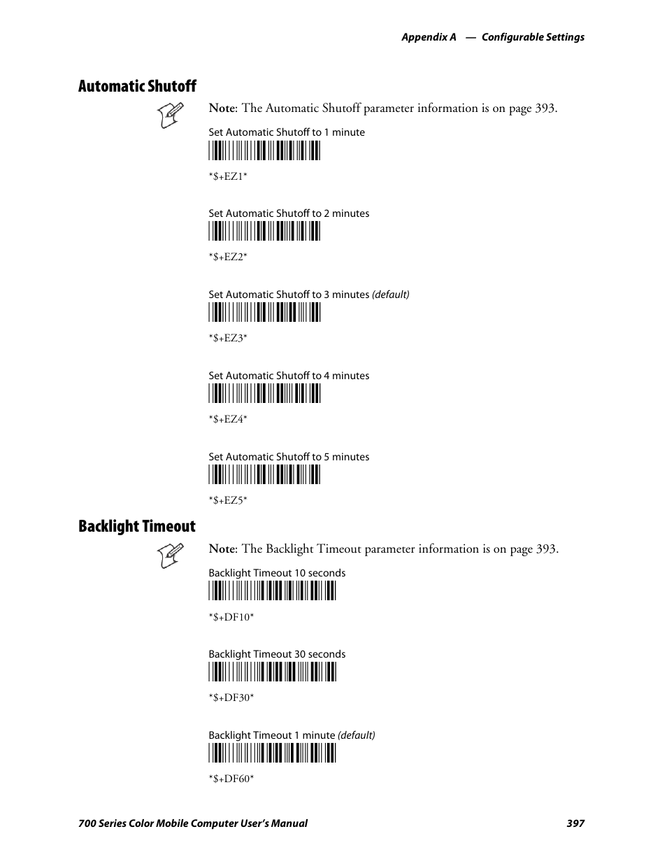 Automatic shutoff, Backlight timeout, Df10 | Df30, Df60 | Intermec 700 User Manual | Page 421 / 452