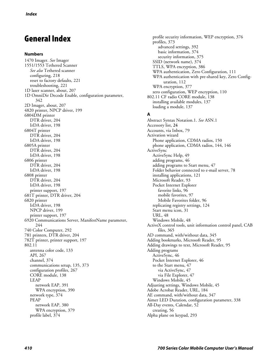 General index | Intermec 700 User Manual | Page 434 / 452