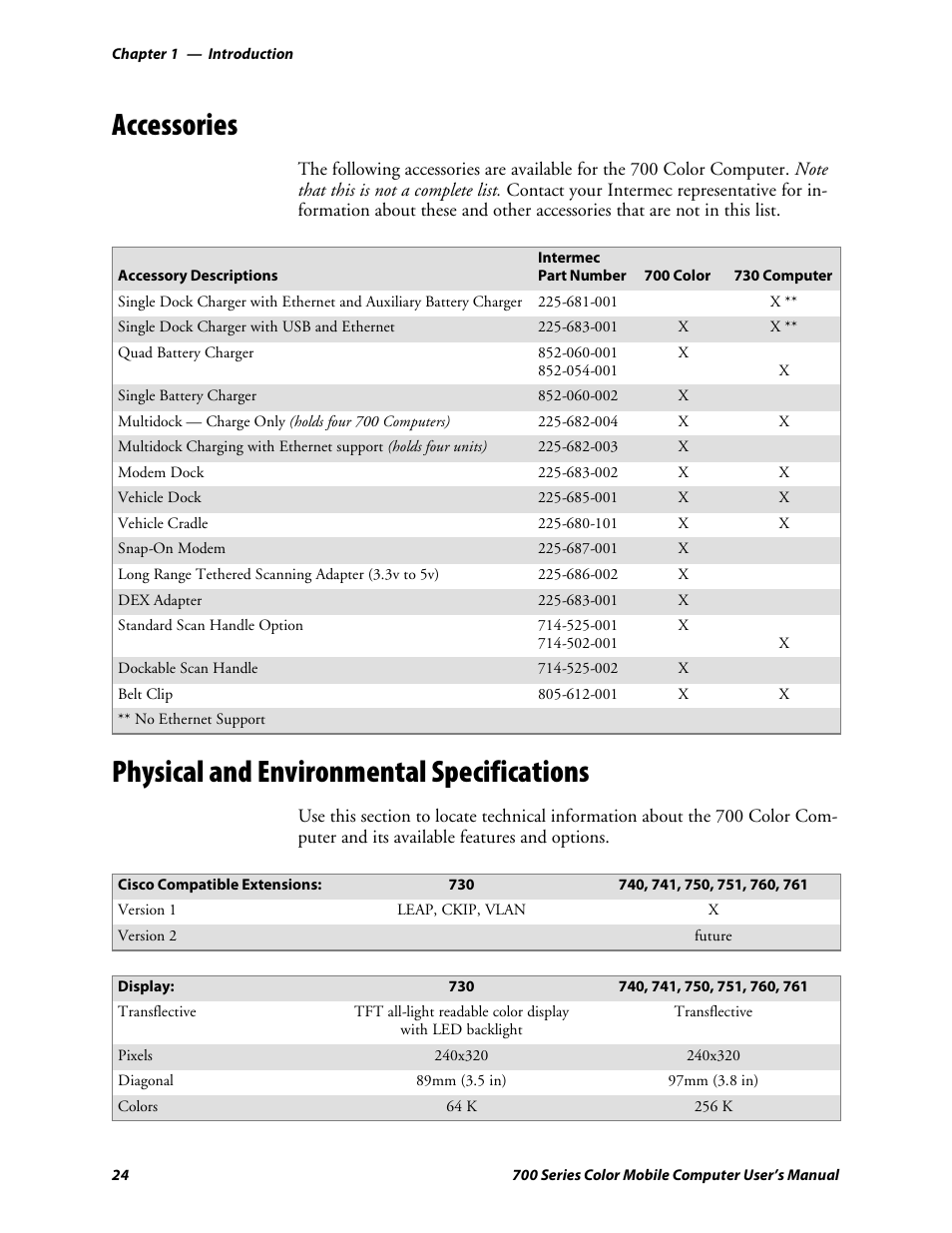 Accessories, Physical and environmental specifications | Intermec 700 User Manual | Page 48 / 452