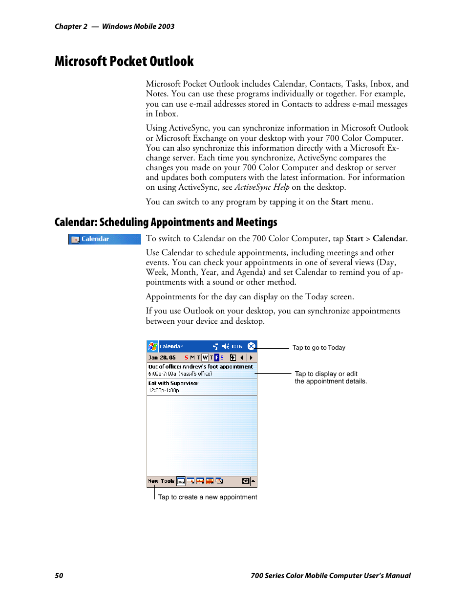 Microsoft pocket outlook, Calendar: scheduling appointments and meetings | Intermec 700 User Manual | Page 74 / 452