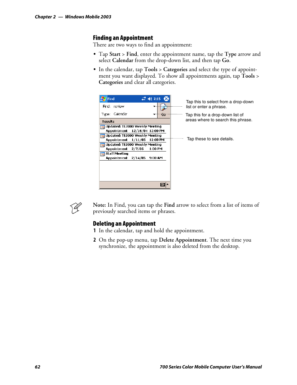 Finding an appointment, Deleting an appointment | Intermec 700 User Manual | Page 86 / 452