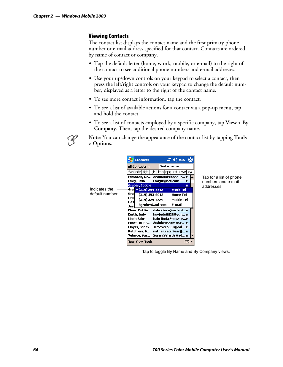 Viewing contacts | Intermec 700 User Manual | Page 90 / 452