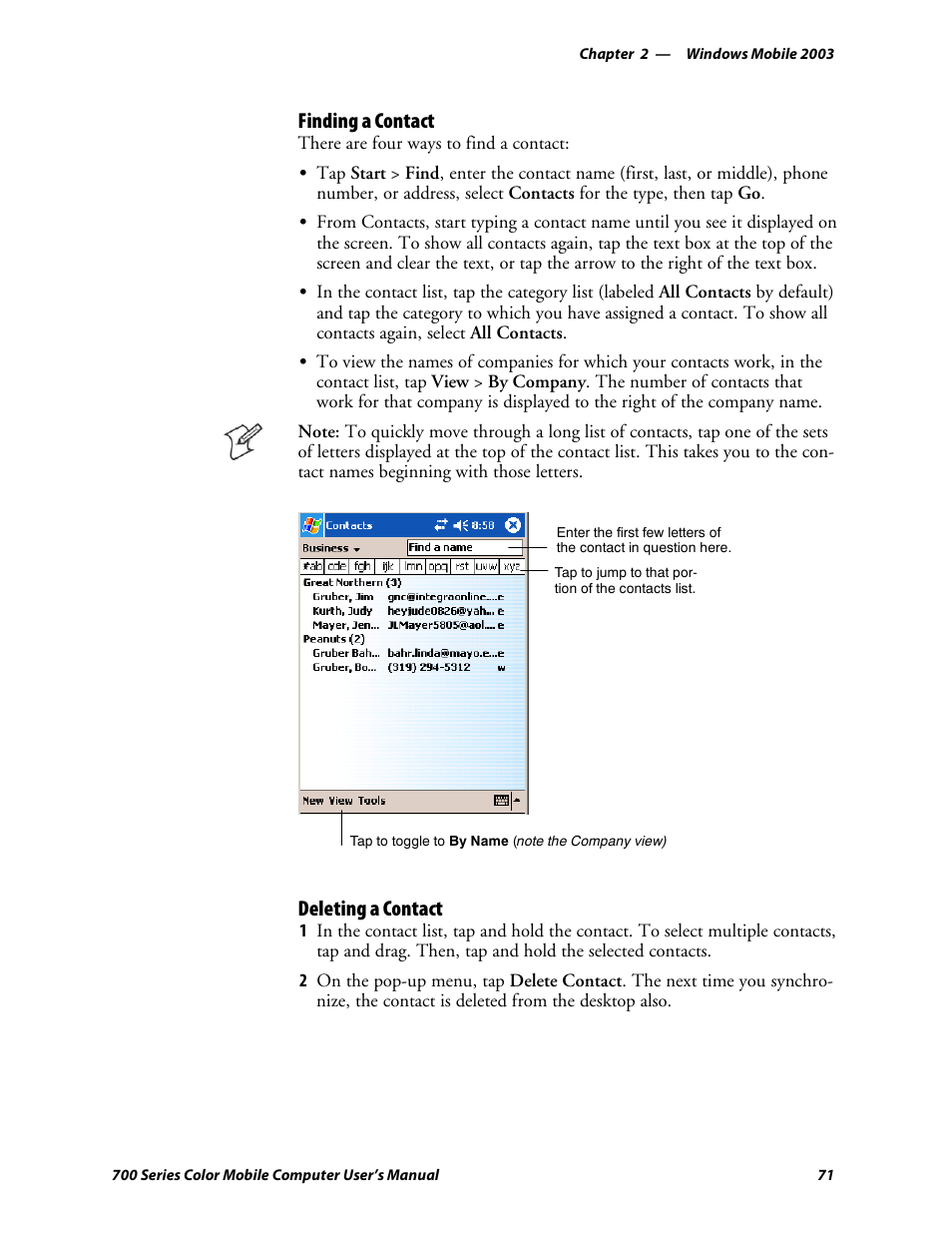 Finding a contact, Deleting a contact | Intermec 700 User Manual | Page 95 / 452