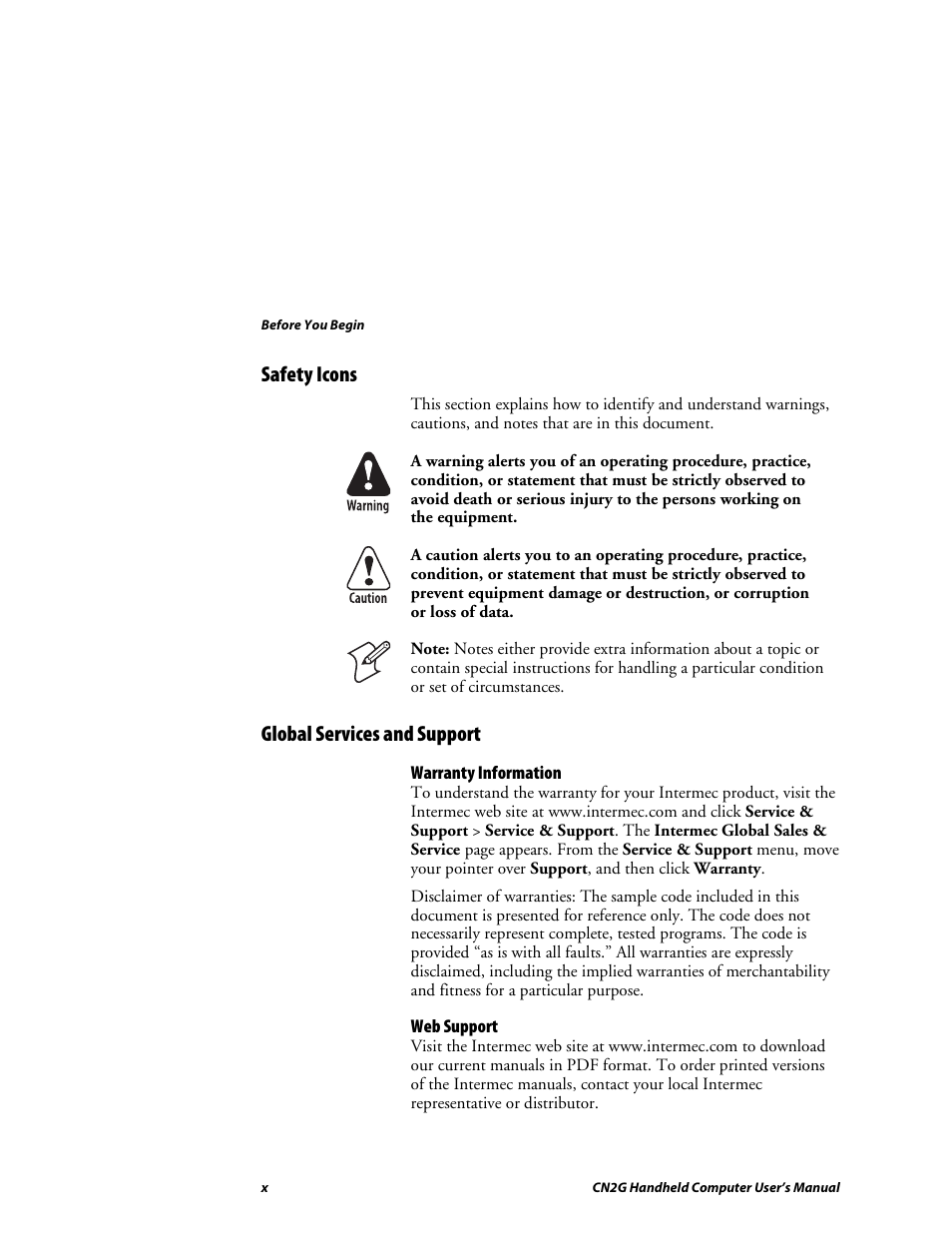Safety icons, Global services and support | Intermec CN2G User Manual | Page 10 / 102