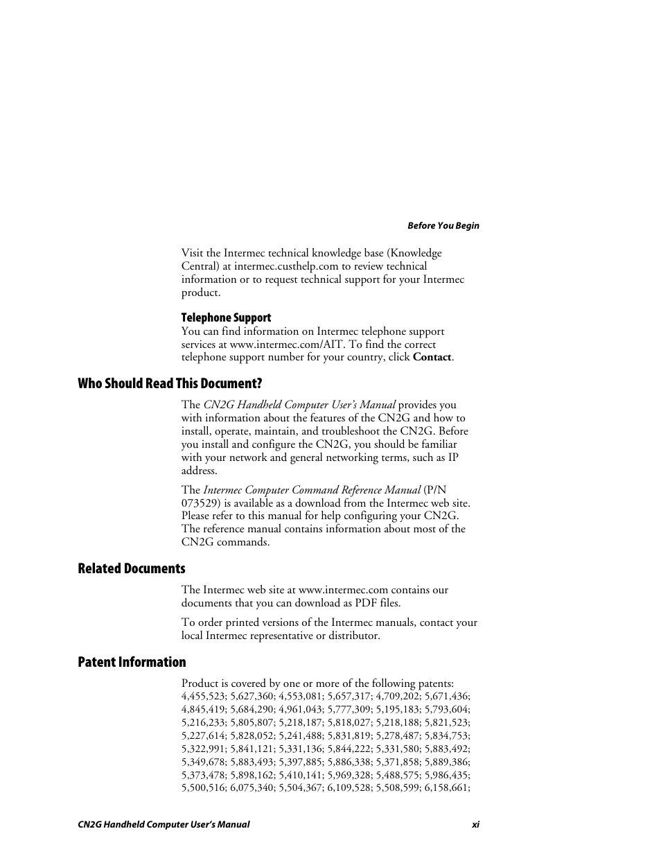 Who should read this document, Related documents, Patent information | Intermec CN2G User Manual | Page 11 / 102