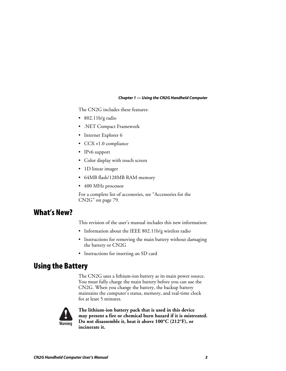 What’s new, Using the battery | Intermec CN2G User Manual | Page 15 / 102