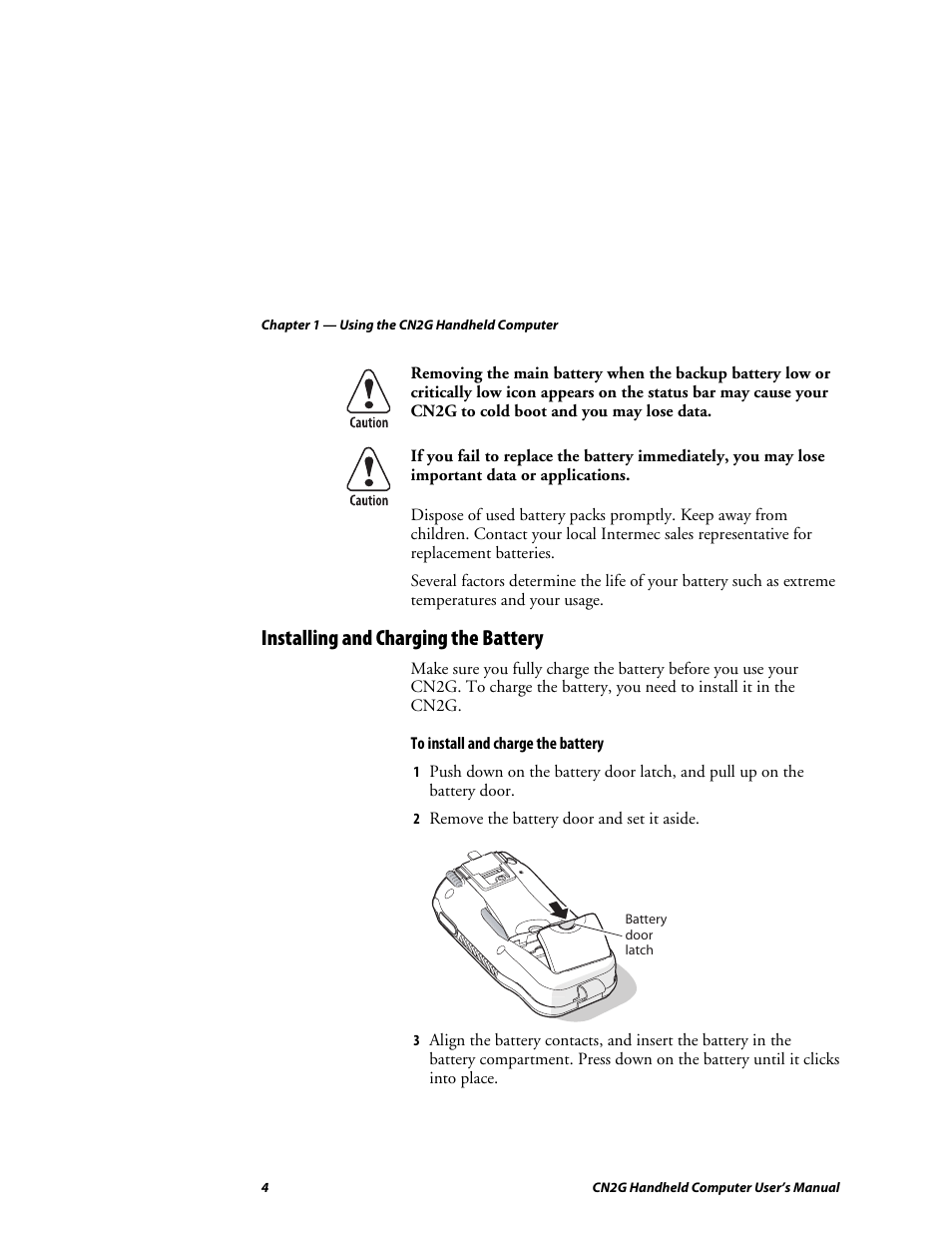 Installing and charging the battery | Intermec CN2G User Manual | Page 16 / 102