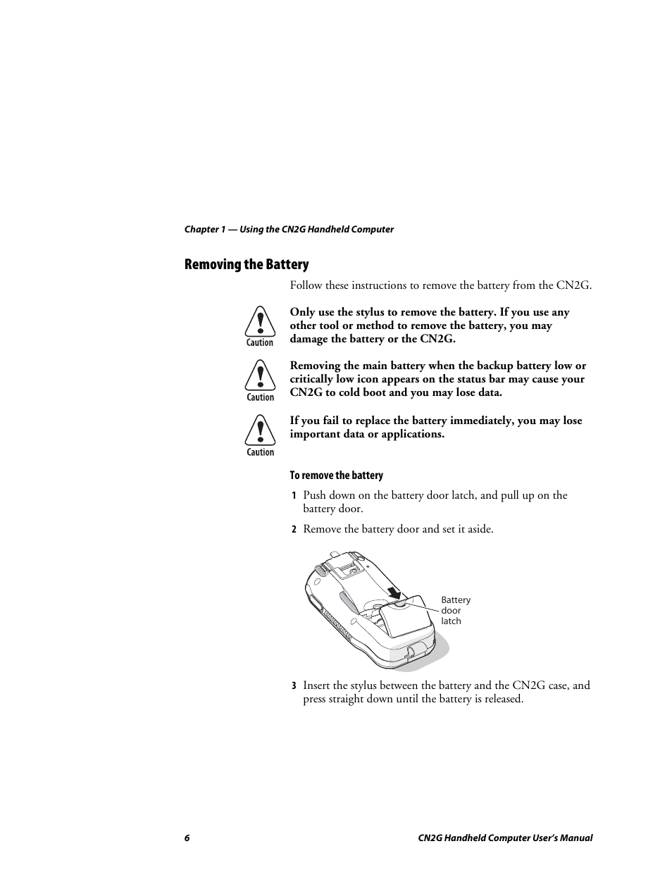 Removing the battery | Intermec CN2G User Manual | Page 18 / 102