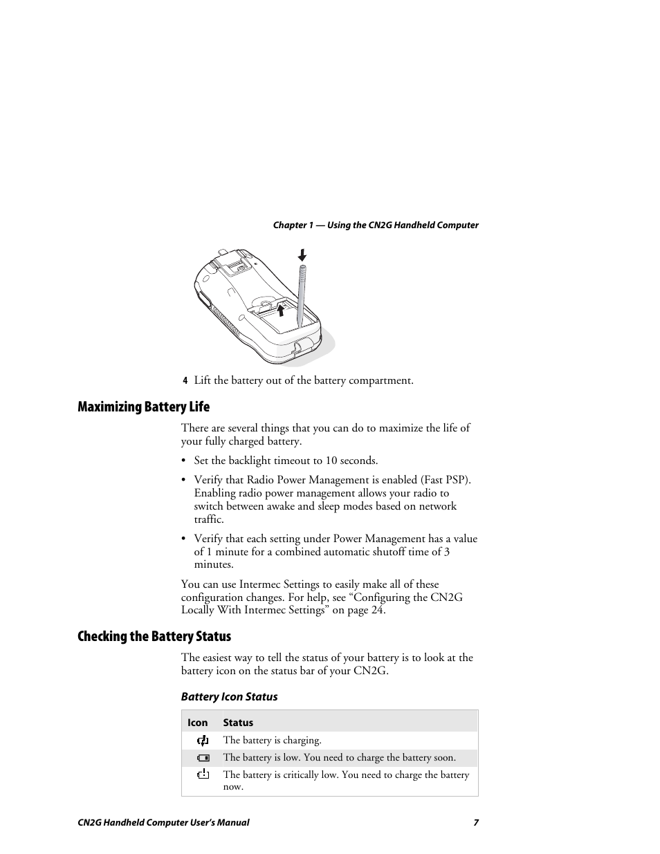 Maximizing battery life, Checking the battery status | Intermec CN2G User Manual | Page 19 / 102