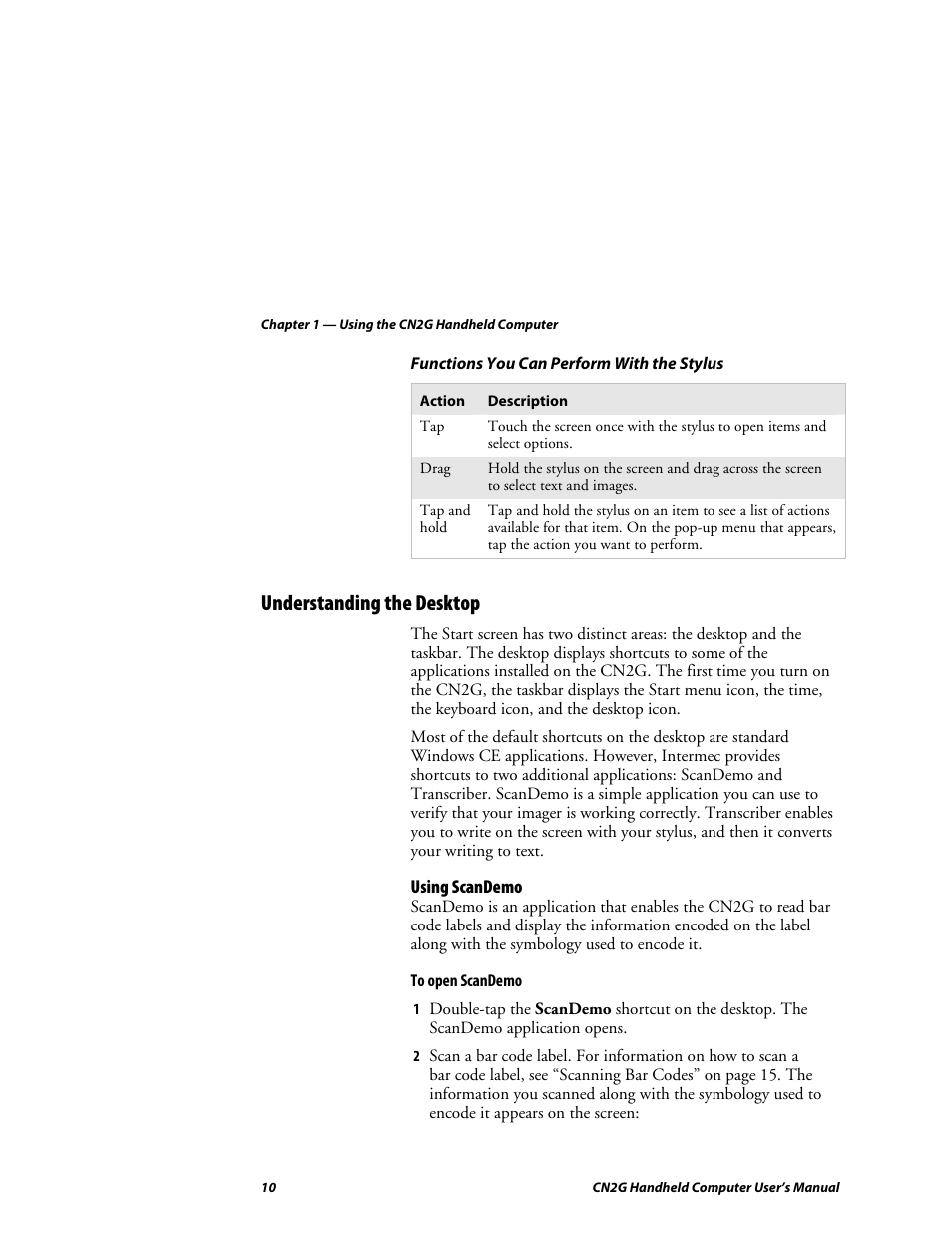Understanding the desktop, Using scandemo | Intermec CN2G User Manual | Page 22 / 102