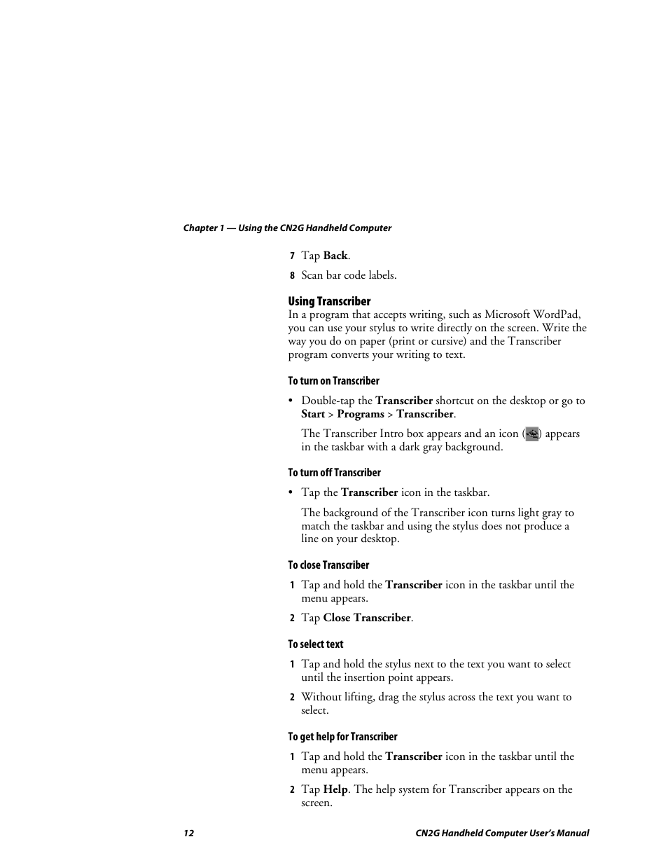 Using transcriber | Intermec CN2G User Manual | Page 24 / 102
