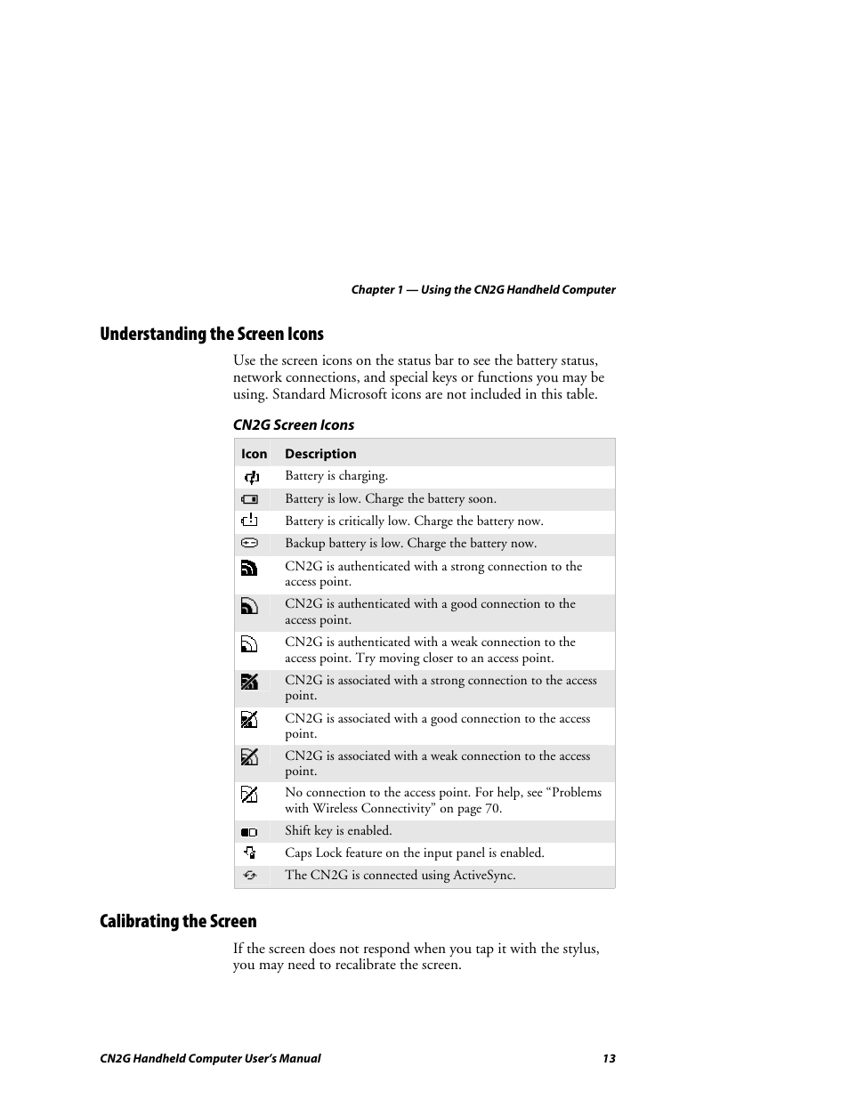 Understanding the screen icons, Calibrating the screen | Intermec CN2G User Manual | Page 25 / 102