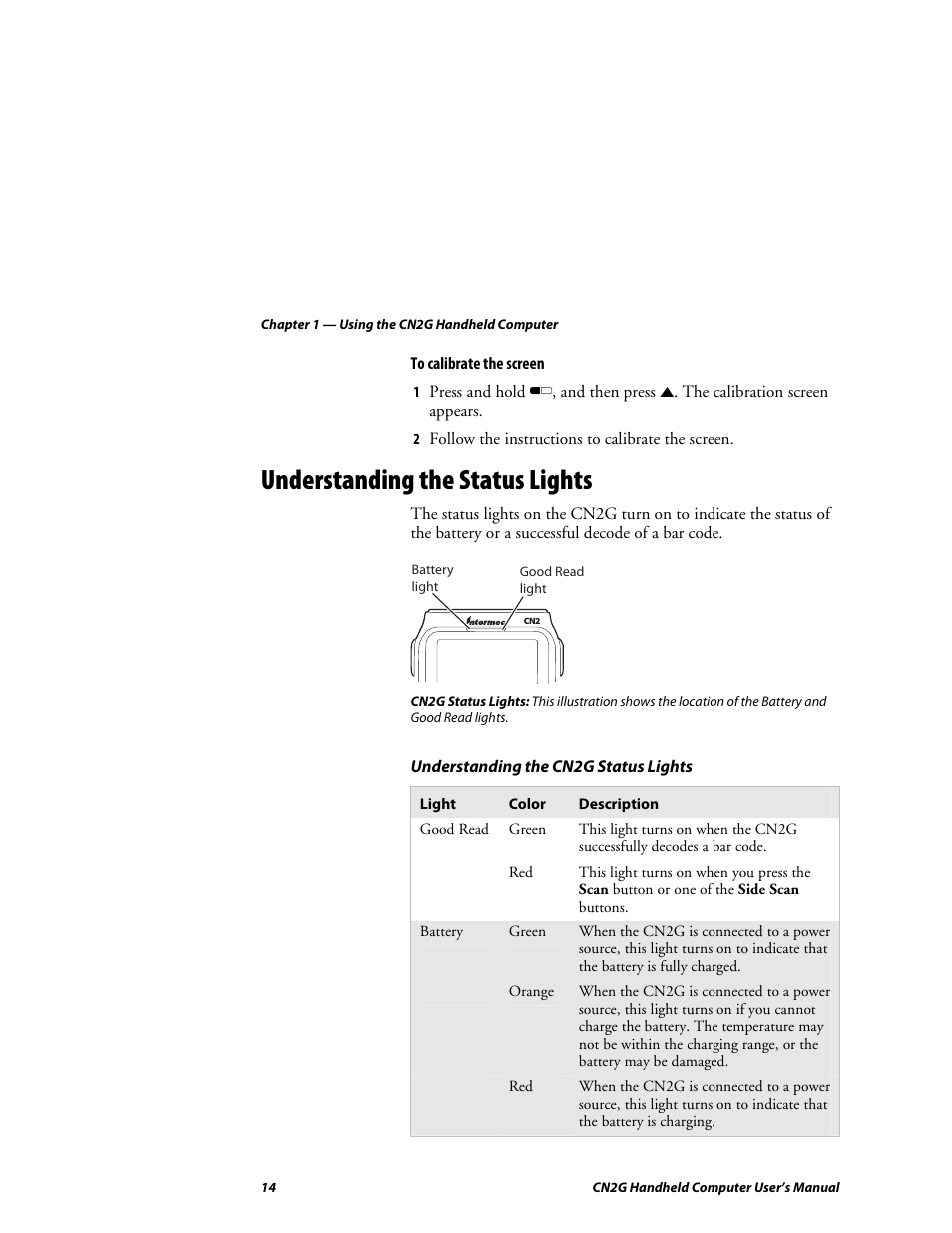 Understanding the status lights | Intermec CN2G User Manual | Page 26 / 102