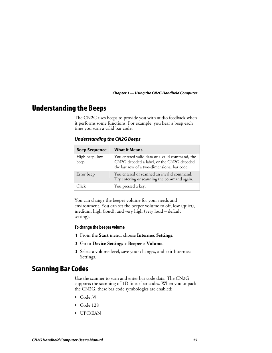 Understanding the beeps, Scanning bar codes | Intermec CN2G User Manual | Page 27 / 102