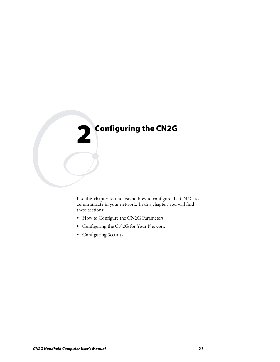 Chapter 2 - configuring the cn2g, Configuring the cn2g | Intermec CN2G User Manual | Page 33 / 102