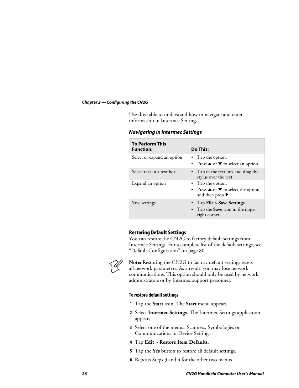 Restoring default settings | Intermec CN2G User Manual | Page 38 / 102