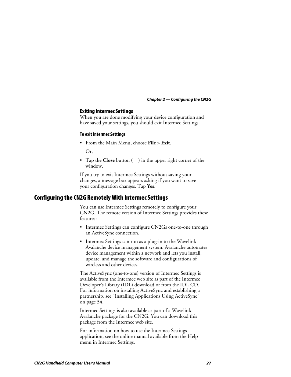 Exiting intermec settings | Intermec CN2G User Manual | Page 39 / 102