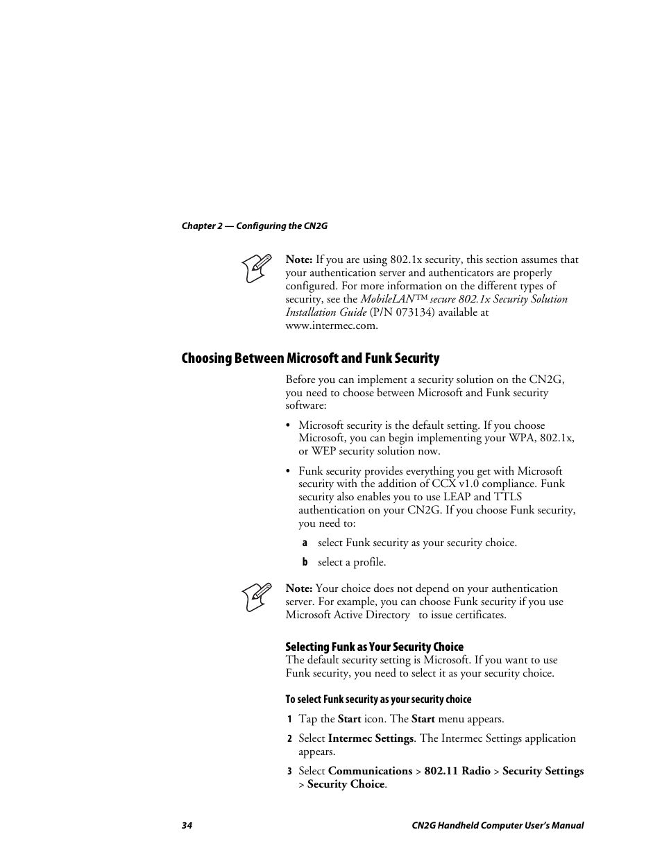 Choosing between microsoft and funk security, Selecting funk as your security choice | Intermec CN2G User Manual | Page 46 / 102