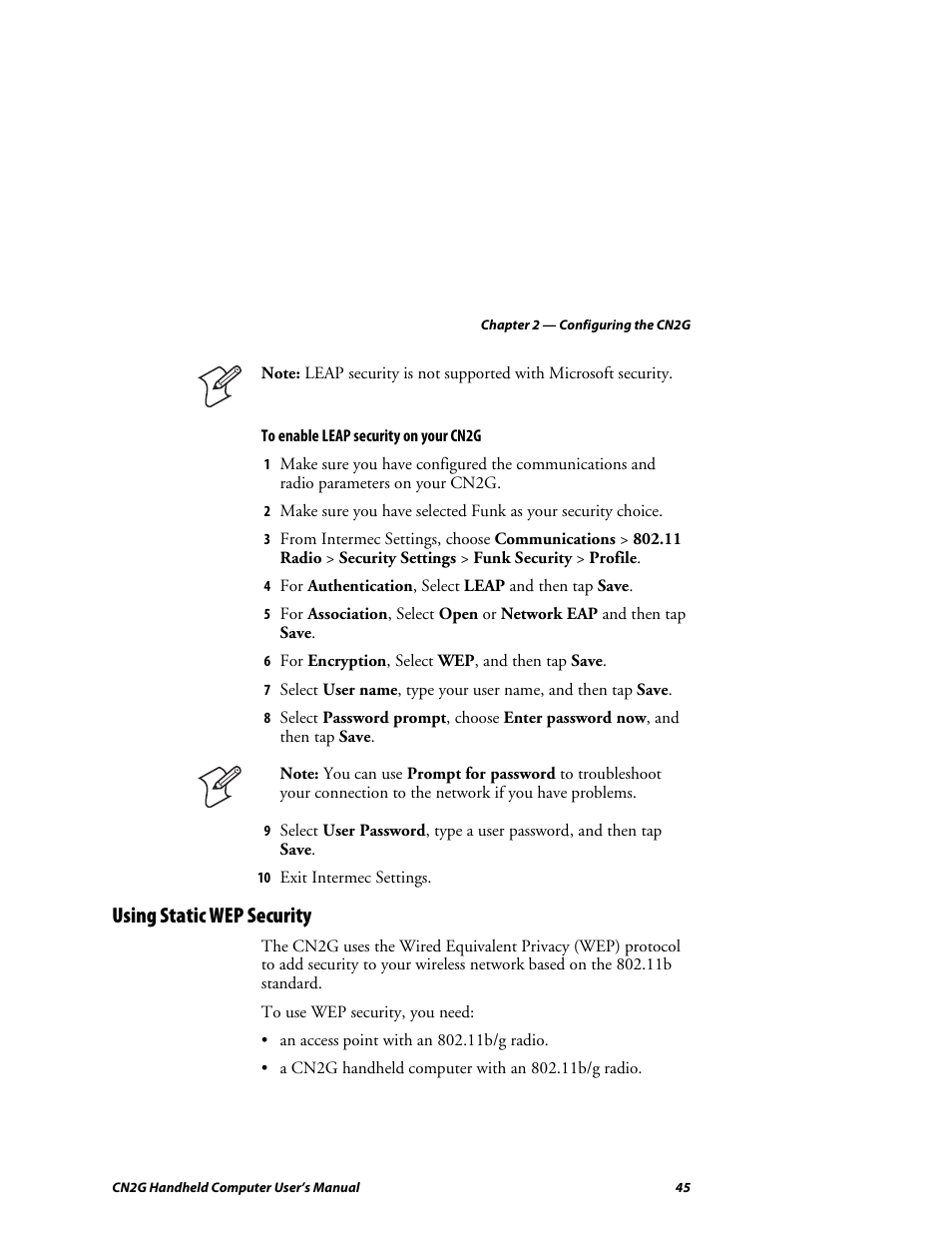 Using static wep security | Intermec CN2G User Manual | Page 57 / 102