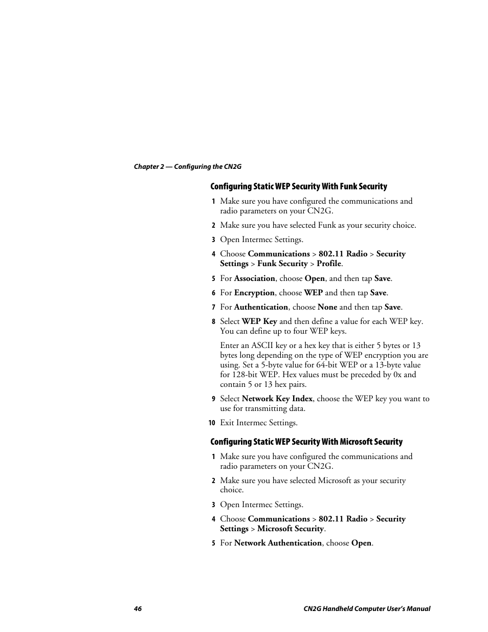 Configuring static wep security with funk security | Intermec CN2G User Manual | Page 58 / 102