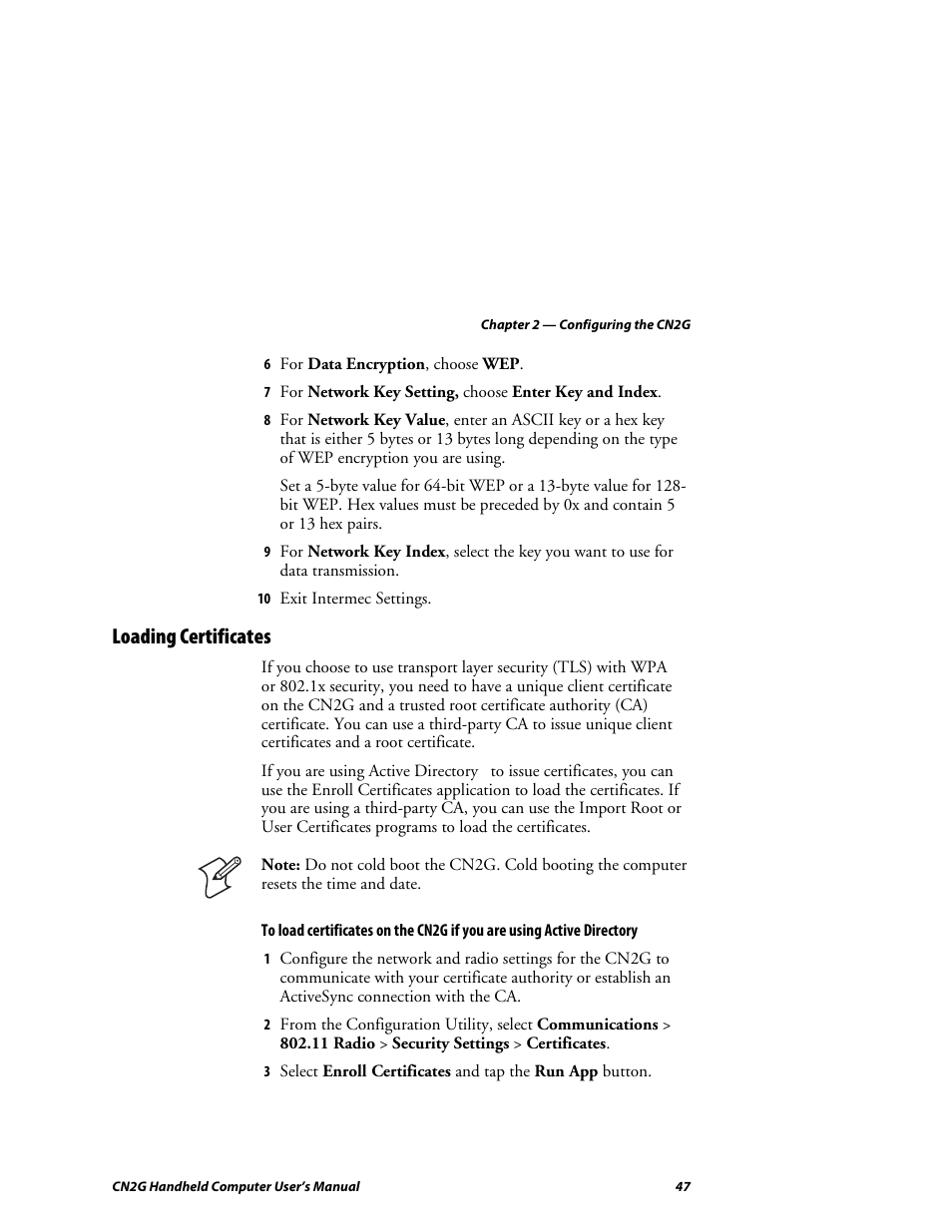 Loading certificates | Intermec CN2G User Manual | Page 59 / 102