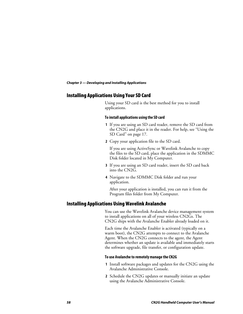 Installing applications using your sd card, Installing applications using wavelink avalanche | Intermec CN2G User Manual | Page 70 / 102
