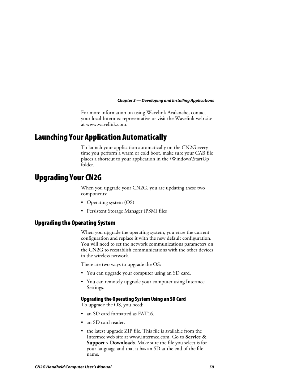 Launching your application automatically, Upgrading your cn2g, Upgrading the operating system | Upgrading the operating system using an sd card | Intermec CN2G User Manual | Page 71 / 102