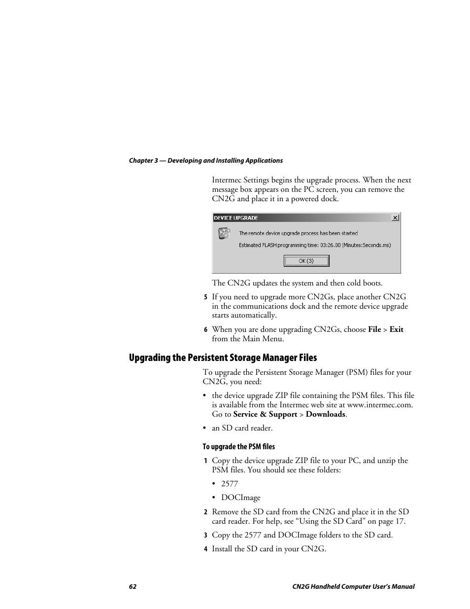 Upgrading the persistent storage manager files | Intermec CN2G User Manual | Page 74 / 102