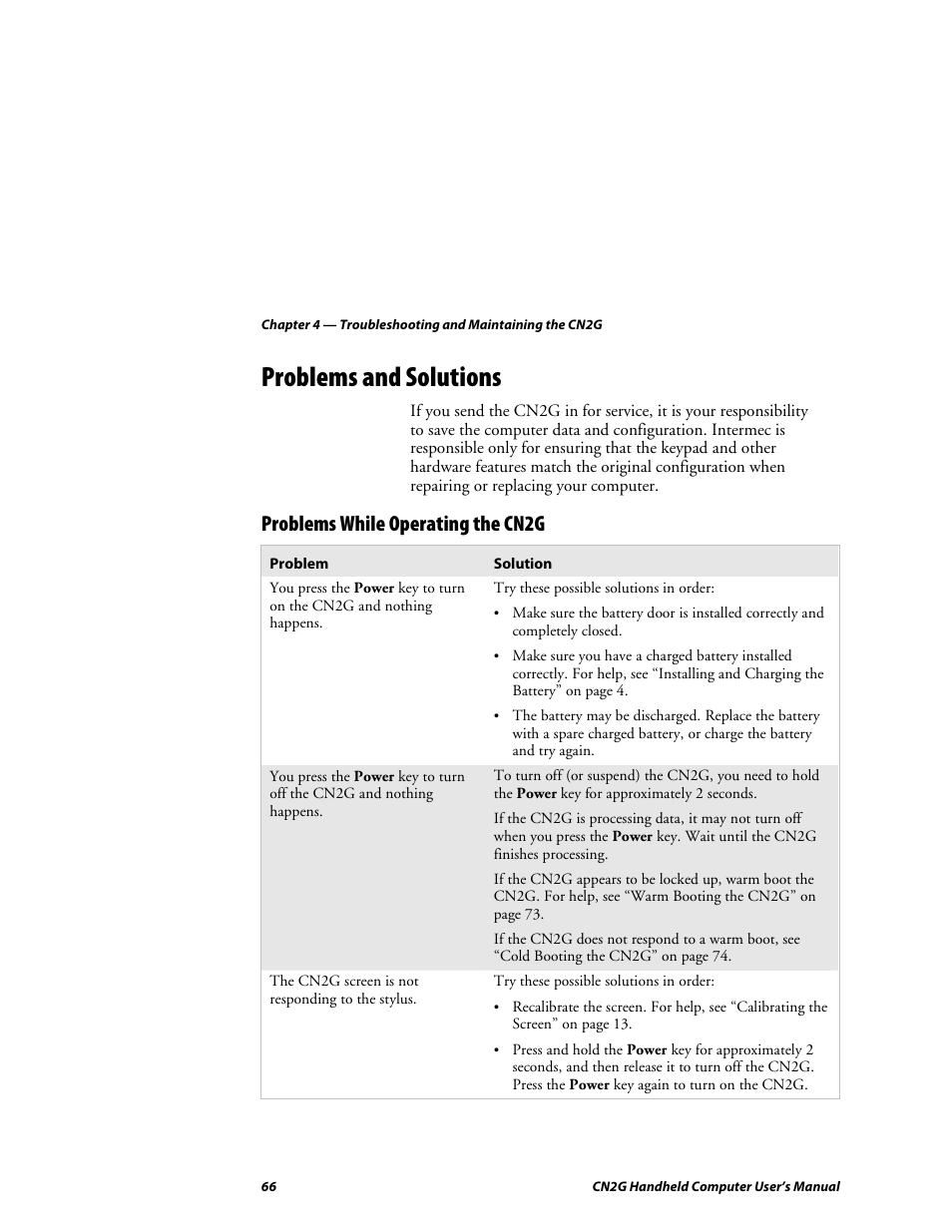 Problems and solutions, Problems while operating the cn2g | Intermec CN2G User Manual | Page 78 / 102