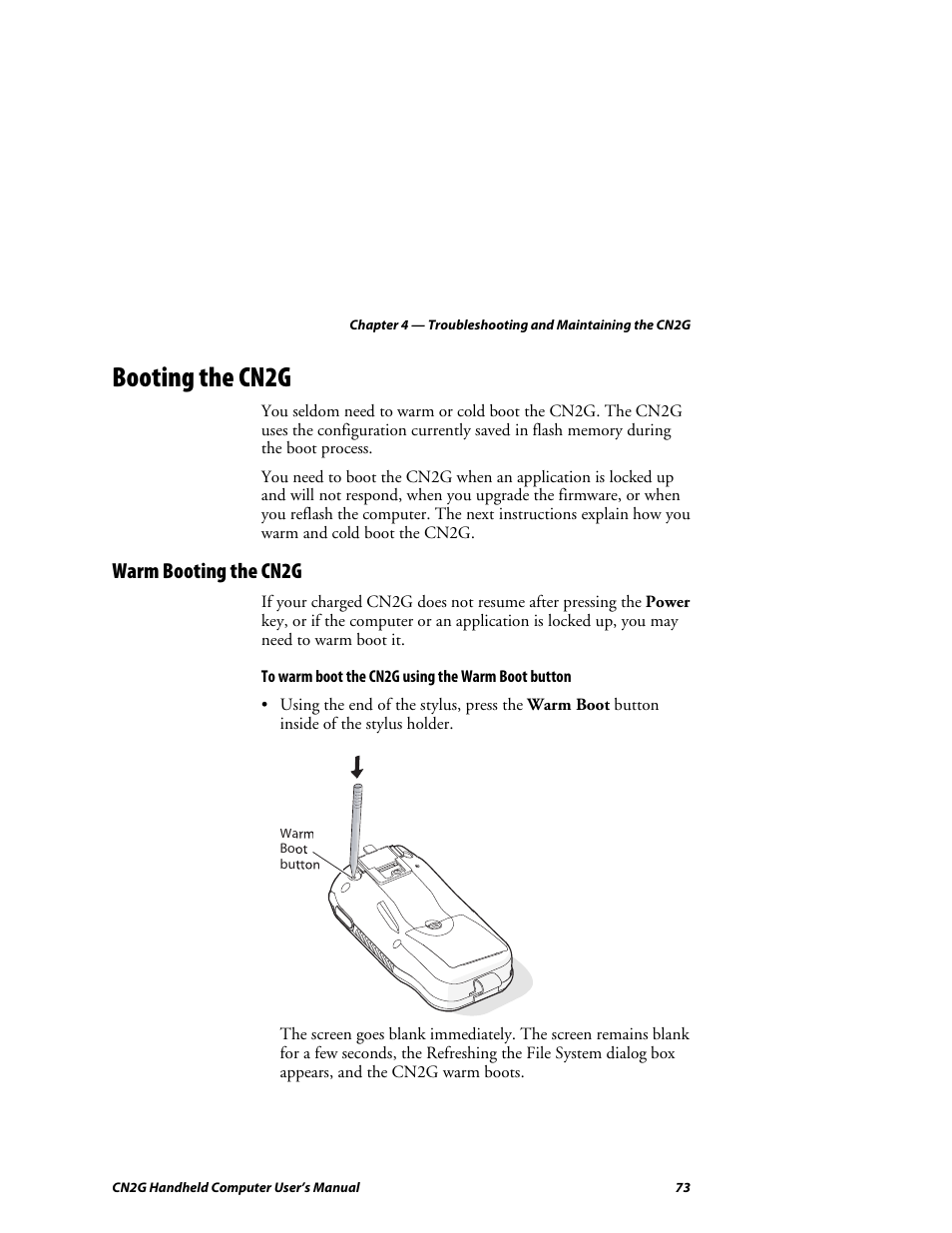 Booting the cn2g, Warm booting the cn2g | Intermec CN2G User Manual | Page 85 / 102