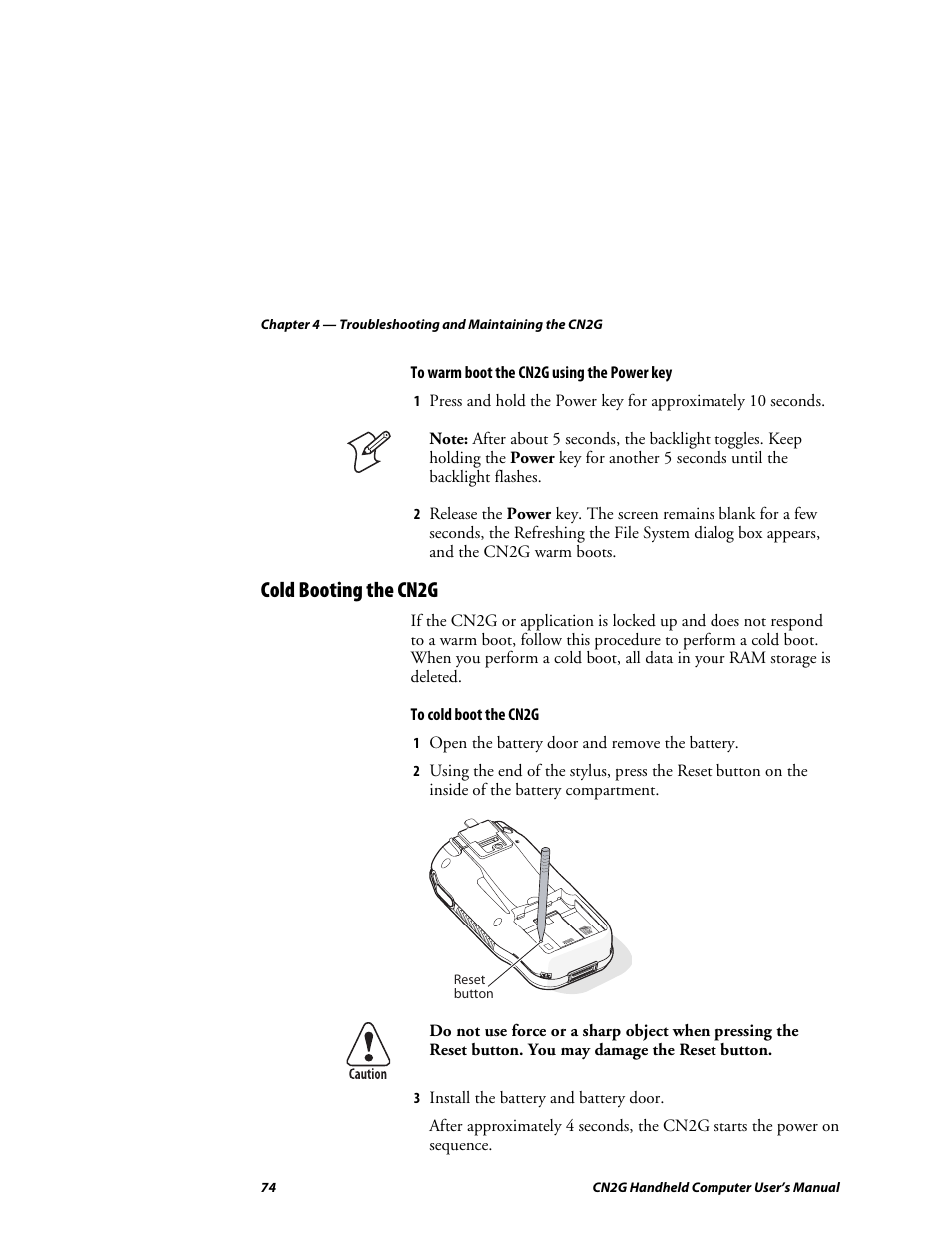 Cold booting the cn2g | Intermec CN2G User Manual | Page 86 / 102