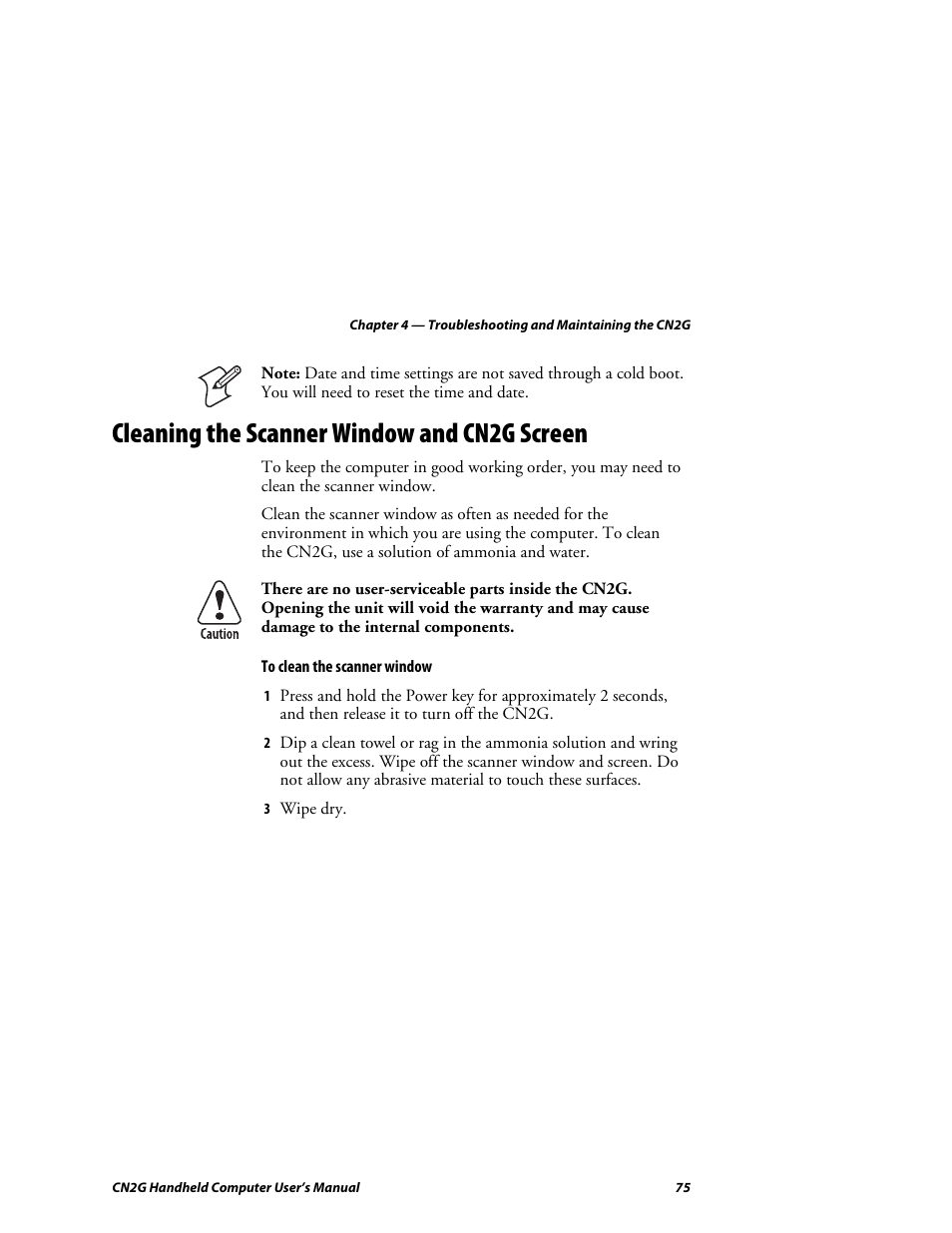 Cleaning the scanner window and cn2g screen | Intermec CN2G User Manual | Page 87 / 102