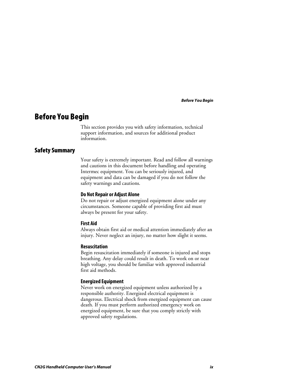 Before you begin, Safety summary | Intermec CN2G User Manual | Page 9 / 102