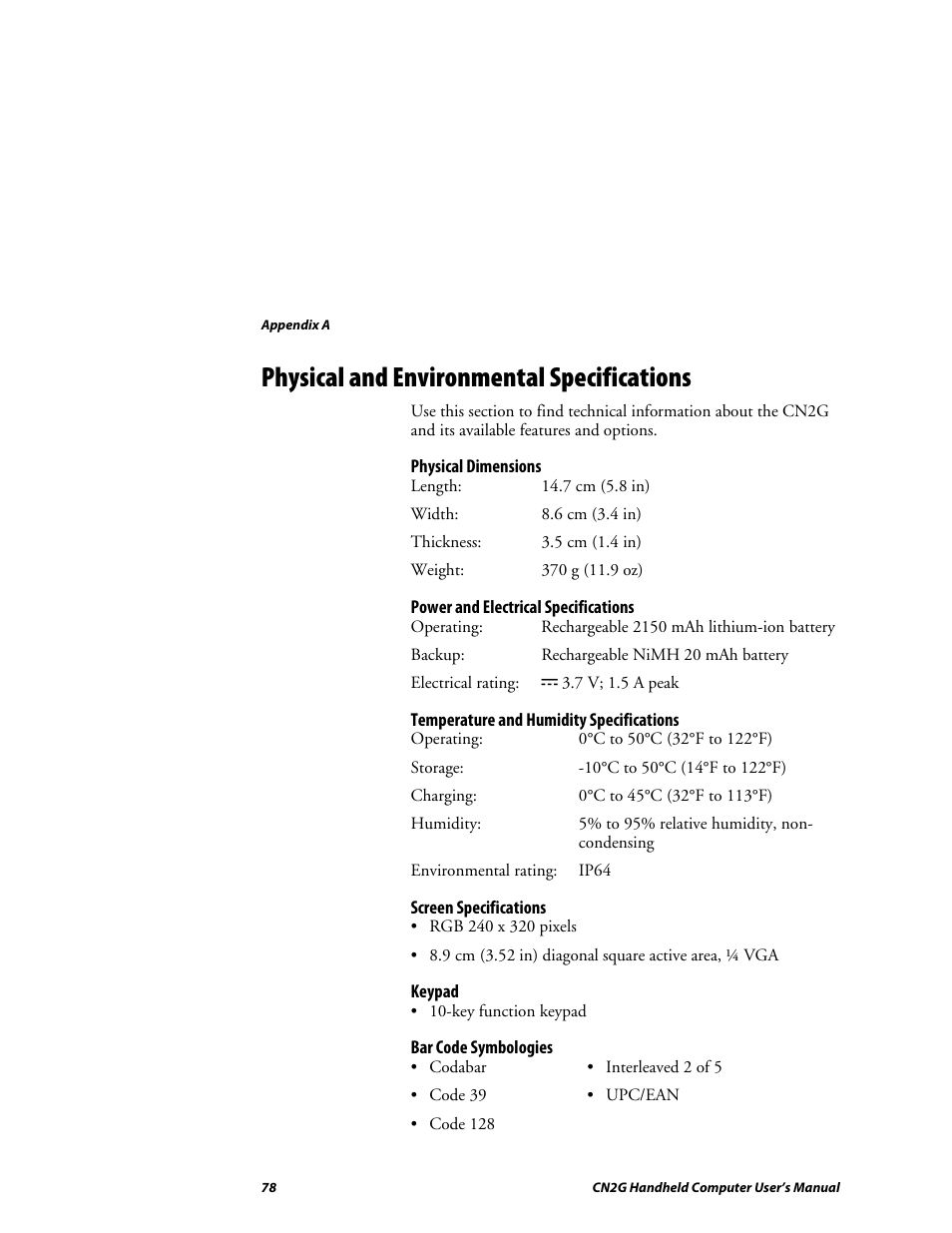 Physical and environmental specifications | Intermec CN2G User Manual | Page 90 / 102