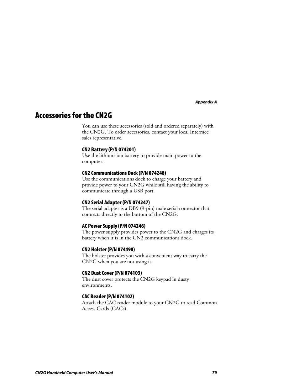 Accessories for the cn2g | Intermec CN2G User Manual | Page 91 / 102
