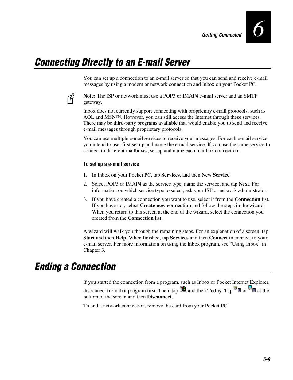 Connecting directly to an e-mail server, Ending a connection | Intermec 70 User Manual | Page 115 / 134