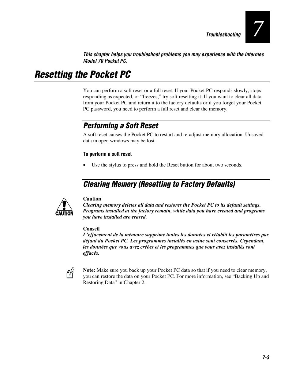 Resetting the pocket pc, Performing a soft reset, Clearing memory (resetting to factory defaults) | Intermec 70 User Manual | Page 119 / 134