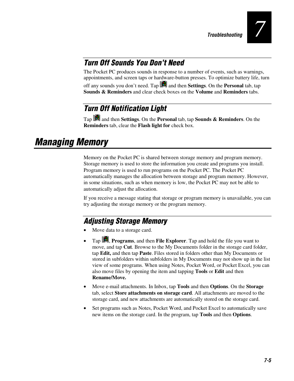 Turn off sounds you don’t need, Turn off notification light, Managing memory | Adjusting storage memory | Intermec 70 User Manual | Page 121 / 134