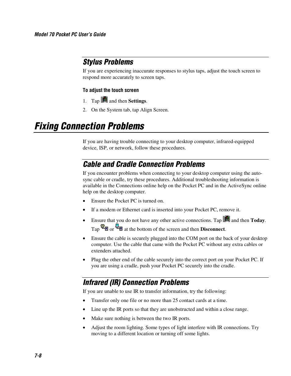 Stylus problems, Fixing connection problems, Cable and cradle connection problems | Infrared (ir) connection problems | Intermec 70 User Manual | Page 124 / 134