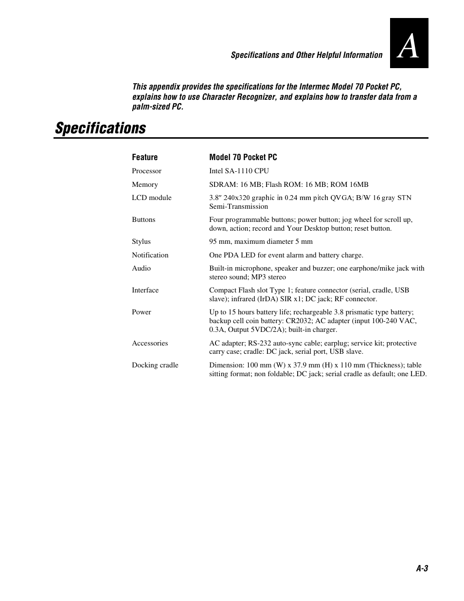 Specifications | Intermec 70 User Manual | Page 129 / 134