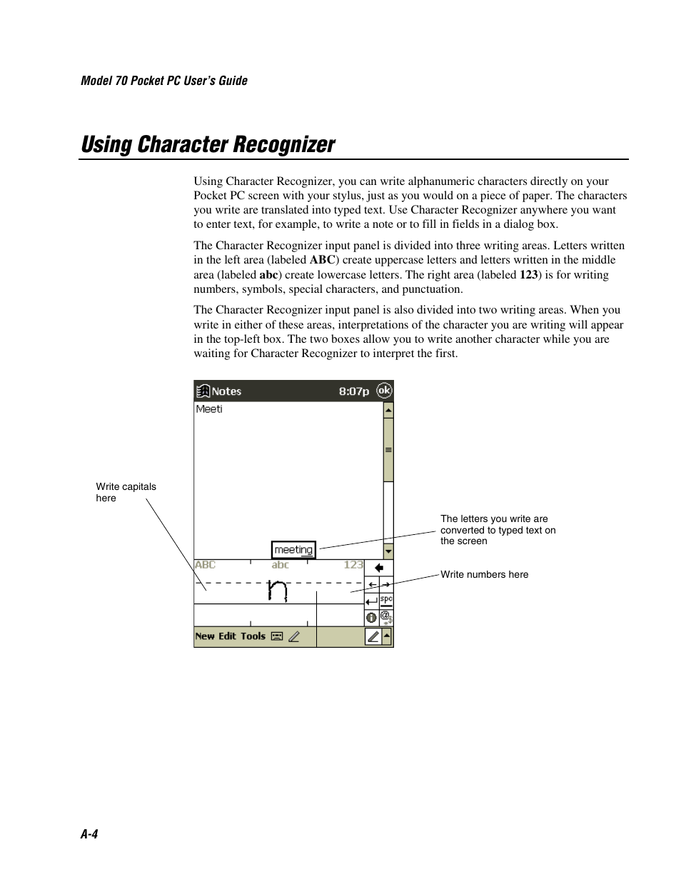 Using character recognizer | Intermec 70 User Manual | Page 130 / 134